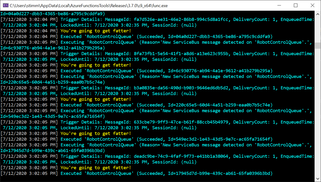 Console showing the running app processing messages